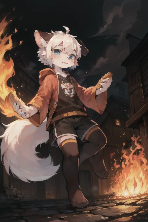 eyes with brightness，in a panoramic view，Character focus，独奏，shaggy，shaggy male，malefocus，anthr，（Full body fur，Fluffy tail，Off-white fur，Orange-red eyes，Gray hair，Orange coat，grey shorts：1.2）reproductive organs