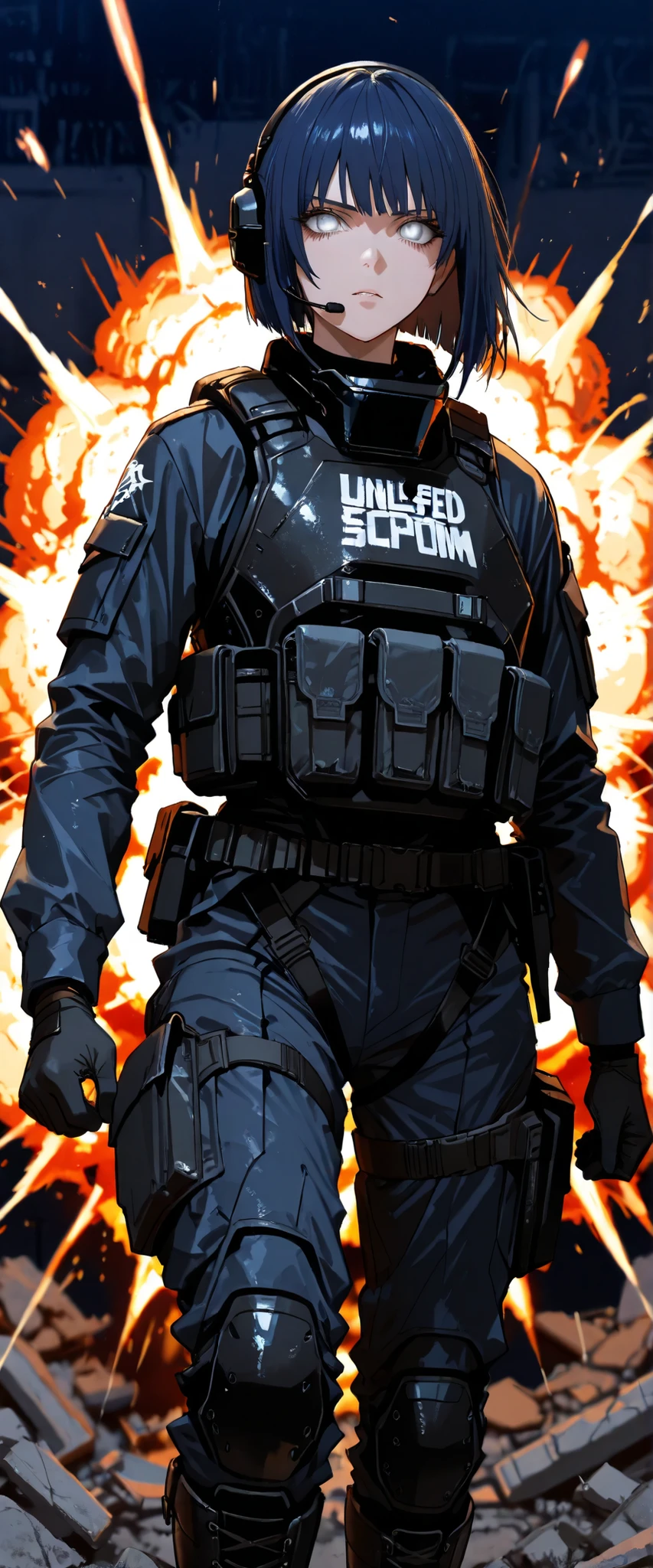 (masterpiece),(Highest quality),(High resolution),(Very detailed),One Woman,Japanese,Dark Blue Hair,Short Bob, White Eyes, Beautiful Eyes,Long eyelashes,Beautiful Hair,Beautiful Skin,strict,whole body,break(((Huge explosion behind woman))),Jump to escape the explosion,(Dynamic Movement),((ピストルを持っている:1.3)),SWAT Uniforms,Black bulletproof vest, Combat Boots,Black Tactical Forster,Tactical Headset,Tactical Helmet,(The background is the rubble of ruins),(((Background Blur))), JSDF ELITE UNIT, Unleashed her Magic Power, Rune Magic structure as Background.