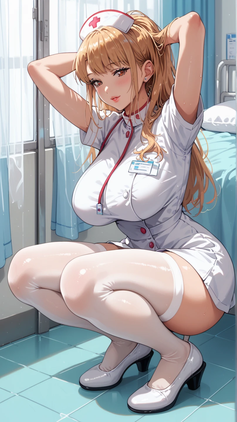 anime, beautiful face, highly detailed face, 2 accurate legs, pink detailed eyes, highly detailed background, perfect lighting, accurate arms, accurate hands, accurate fingers, blonde hair, full body, 1girl, solo, ruby hoshino, oshi no ko, in a nurses office, absurdres, high res, ultrasharp, 8K, masterpiece, looking at viewer, (full body:1.4), orgasm face, cleavage, pink detailed nurse outfit, unbuttoning nurse outfit, sexy nurse outfit, no bra, no panties, nurse equipment, nurse hat, white detailed thighhighs, heels, sexy pose, sitting down, one hand fingering vagina, fingers in vagina, vagina insertion, 1 eye closed, steam out of mouth