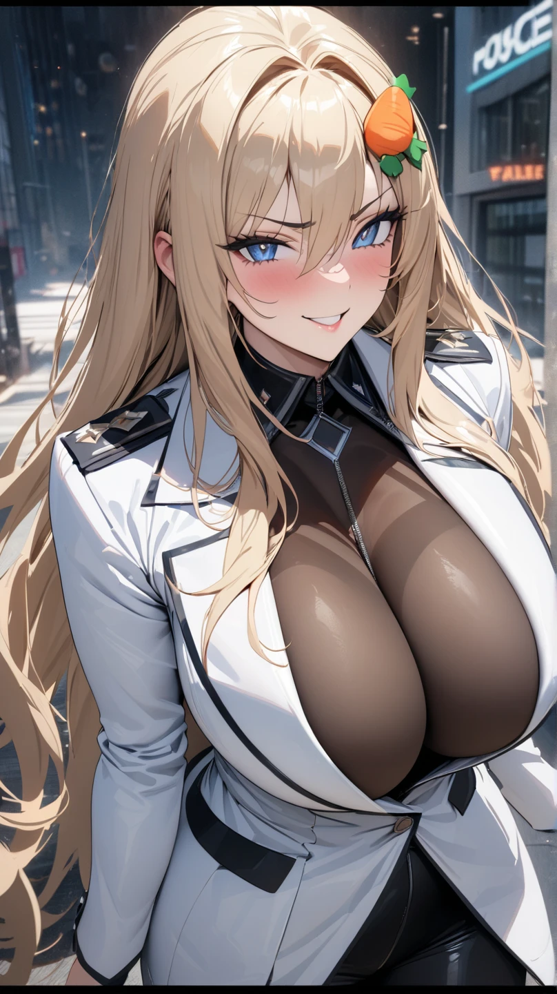 Bismarck from azur lane, elegant, adult woman, blonde hair, blue eyes, big breast, cleavage, black military uniform, military hat, extremely detail 8k cg, high resolution, shine.