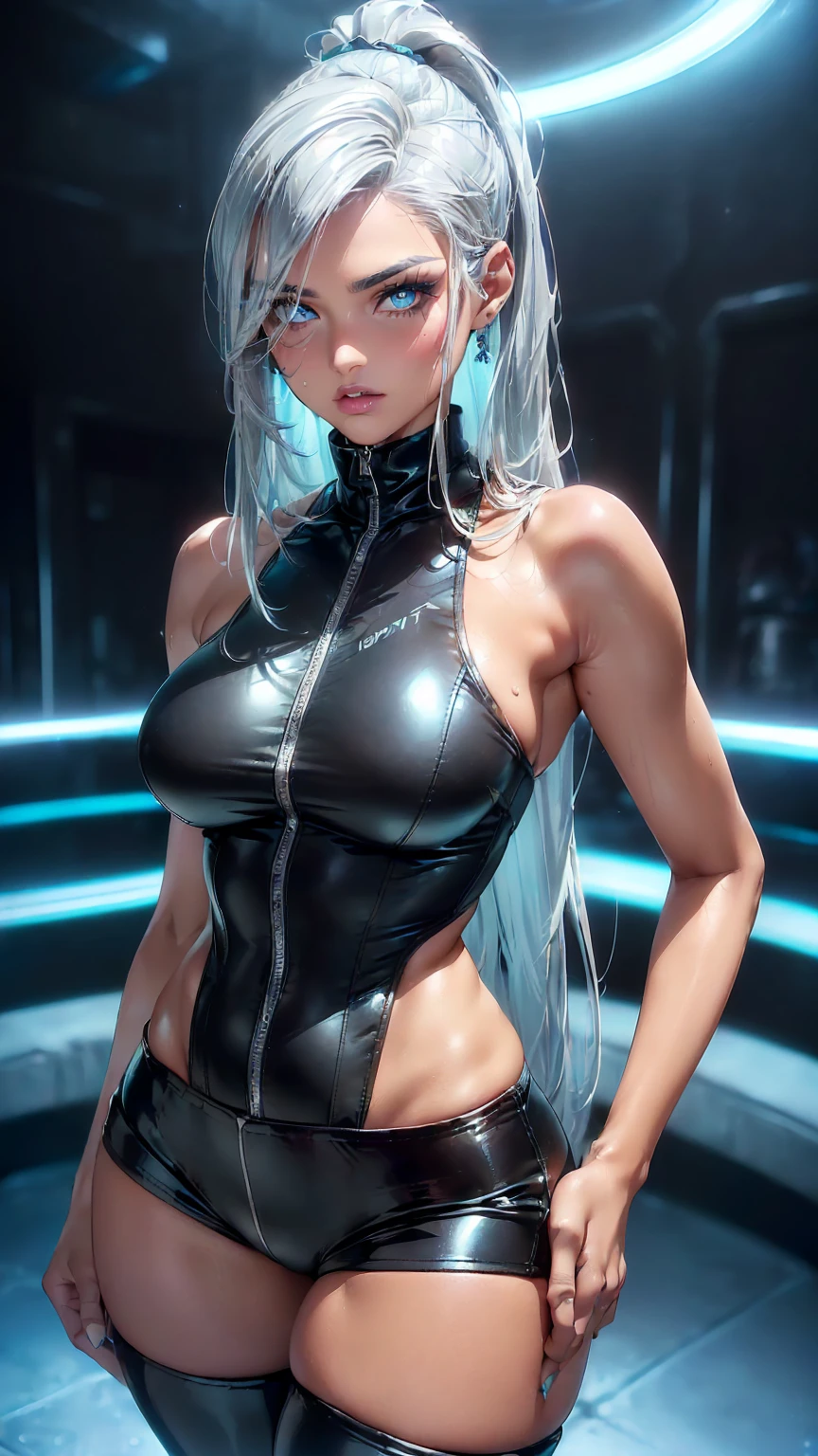 beautiful woman in ultra shiny silver clothes, makeup, (glossy lips: 1.4), hy-res, 8k, cinematic light, skinny, large breasts, straight hair, detailed face, smile, photo taken from a distance, neon lights on hair, backview