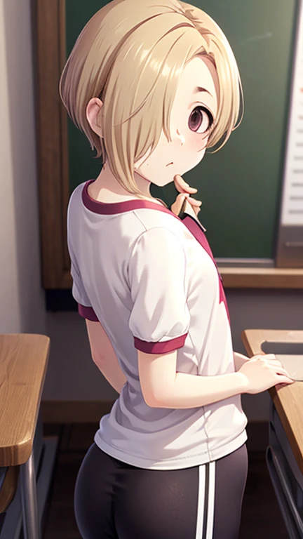 Short hair, long hair, beautiful breasts, embarrassed, shy, worried, yellow hair, short sleeves, arms, at the school, magenta polo shirt, no panties, bending over, focus ,
