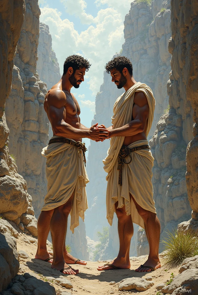 Medium shot of a 2 male stoic philosopher with a well-proportioned and attractive physique, not excessively muscular, standing by a calm, reflective pond in a tranquil garden. His classic tunic, slightly transparent, gently drapes over his tanned body, subtly revealing his shoulder. He has a very short, well-groomed beard and wavy, well-stylized hair. His expression is thoughtful as he gazes into the water, reflecting on the wisdom of Seneca: 'Associate with people who are likely to improve you.' The serene garden contrasts with the harshness of previous scenes, symbolizing clarity and insight. Shot with a Canon EOS R5, using a Sigma 50mm f/1.4 DG HSM Art Lens, rendered in 8K, photorealistic style with soft natural lighting, and an Octane render for hyper-realistic detail.