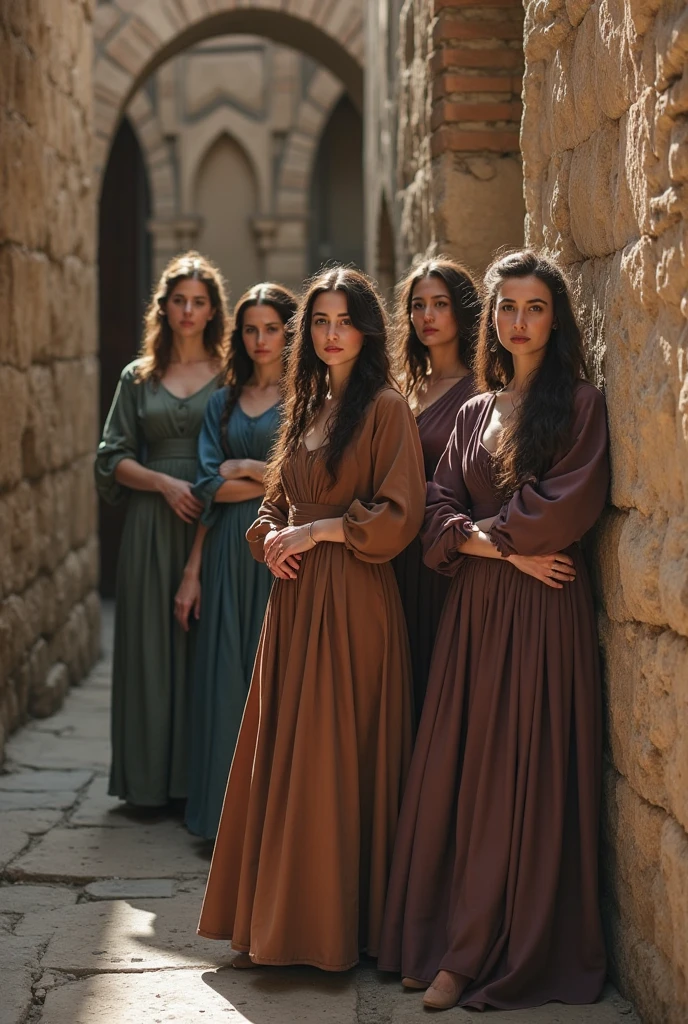 A handcuffed poor women in a royal town streets in some holy kingdom
