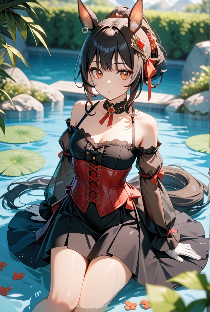 Anime style beutiful woman, 1girl,fullbody, happy, (with sparkling eyes and a contagious smile:1.2), red face, closed mouth, beautiful detailed eyes, super detailed skin, backlighting, bare shoulders, black background, black dress, black gloves, black hair, breasts, dress, earrings, fingerless gloves, floating hair, floral print, flower, gloves, gold earrings, gold hairband, hair flower, hair ornament, hairband, holding, holding weapon, jewelry, small breasts, long hair, looking at viewer, off-shoulder dress, off shoulder,red eyes, short hair with long locks, sidelocks, solo, spikes, thighs, two-sided dress, two-sided fabric, weapon, fighting stance , face, close up, from brlow, highest quality, high resolution,Real World, Natural light,perfect Natural light,looking at viewer,