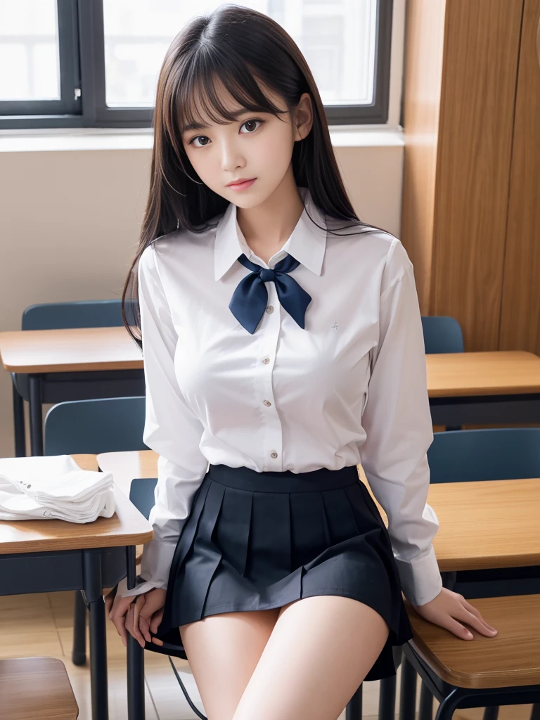 “Generate a hyper-realistic, highly detailed, and high-resolution image of a school beauty standing in a school environment. She should be the epitome of youthful charm and elegance, with her school uniform perfectly fitting her figure. Her hair should be styled casually, yet beautifully, adding to her charm. She should be wearing a short skirt as part of her Japanese high school uniform, showcasing her long, fair legs. Her face should be highly detailed, with beautiful and delicate features, and she should be wearing a warm smile. She should have a large bust, adding to her allure. The background should be a random school setting, filled with elements like desks, chairs, lockers, or a blackboard. The lighting should be natural, streaming in from the windows, casting a soft glow on her. The colors should be vibrant yet natural, enhancing the overall mood of the image. The composition should be well-balanced, with the school beauty taking center stage.”