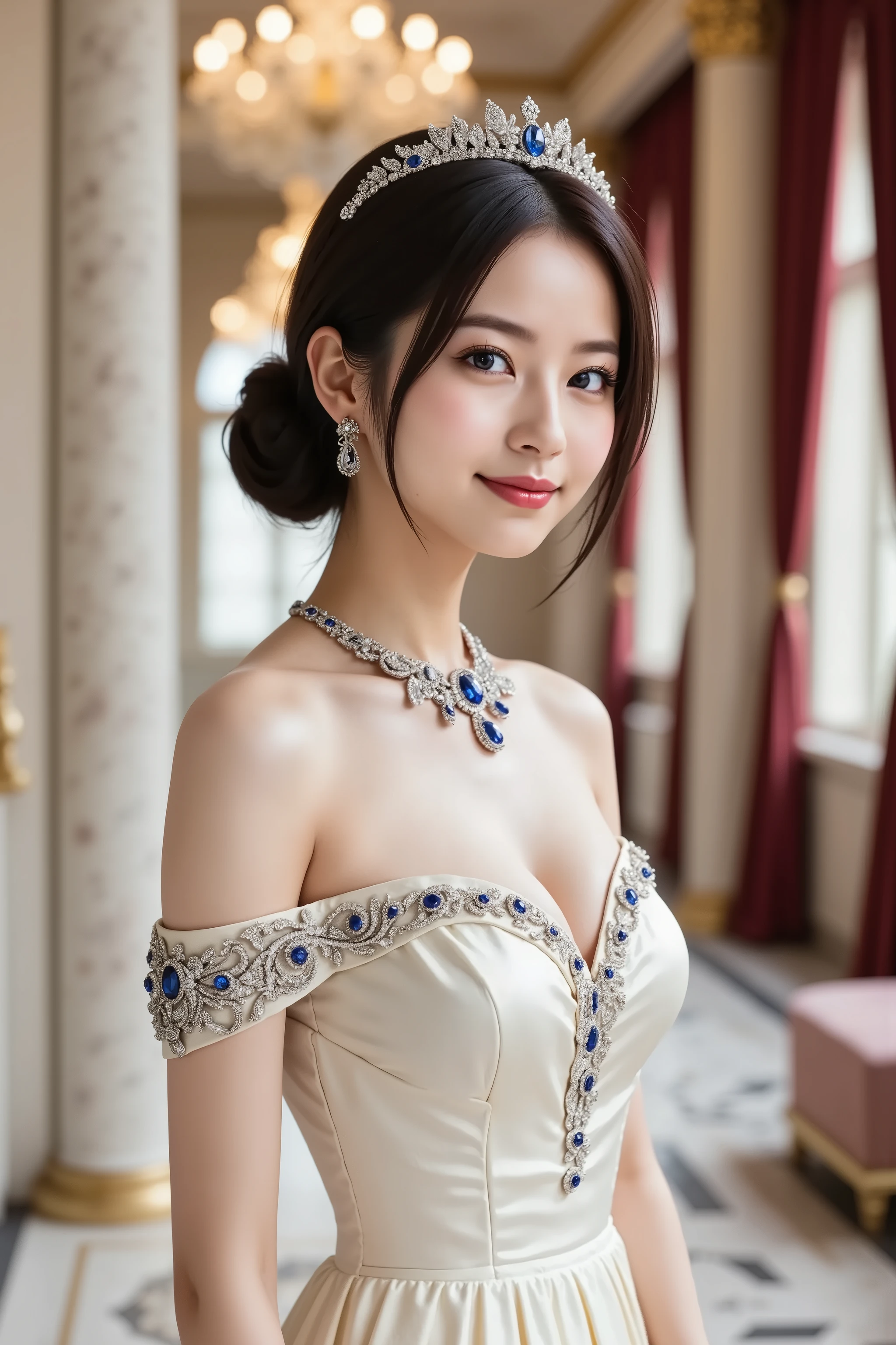 firm and big breasts, cleavage, A realistic photographic composition framed from just below the shoulders of a female subject standing in a grand royal reception hall, ensuring her entire head is fully visible within the frame without any cropping. She wears an opulent off-shoulder royal gown in ivory satin, the wide scalloped neckline resting just below the shoulders and encrusted with sapphire, ruby, and diamond cluster appliqués. The gown’s bodice is expertly tailored to lift and compress her firm, full breasts into a broad, dramatic cleavage line framed by precision seam shaping and subtle tension folds that catch prismatic highlights on the satin. Draped pleats and inset gemstone embroidery accentuate each rounded contour, while underbust seam lines act like a built-in corset to support and shape her bust. Around her neck is a platinum necklace set with graduated sapphires and diamonds that sit directly above the cleavage, and she wears matching teardrop sapphire and diamond earrings. Atop her head sits a delicate diamond-and-sapphire tiara with filigree motifs. Behind her, white marble columns with gilded capitals rise beside silk damask wall panels and burgundy velvet draperies framing a tall arched window. Beneath her feet, the polished marble mosaic floor with intricate gold inlay reflects warm chandler glints, and a silk velvet chaise lounge in dusty rose sits softly blurred in the midground. A grand crystal chandelier overhead casts kaleidoscopic light shards, and hidden uplighting along the cornices provides warm fill. The scene is captured at eye level with an 85 mm equivalent prime lens at f/2.2 on a full-frame sensor, creating a shallow depth of field that keeps the subject sharp while rendering the chandelier, columns, and drapery into smooth circular bokeh highlights. Natural daylight from the window blends with warm interior light to cast gentle highlights on gemstones and satin folds and preserve soft shadow gradations across skin and fabric textu