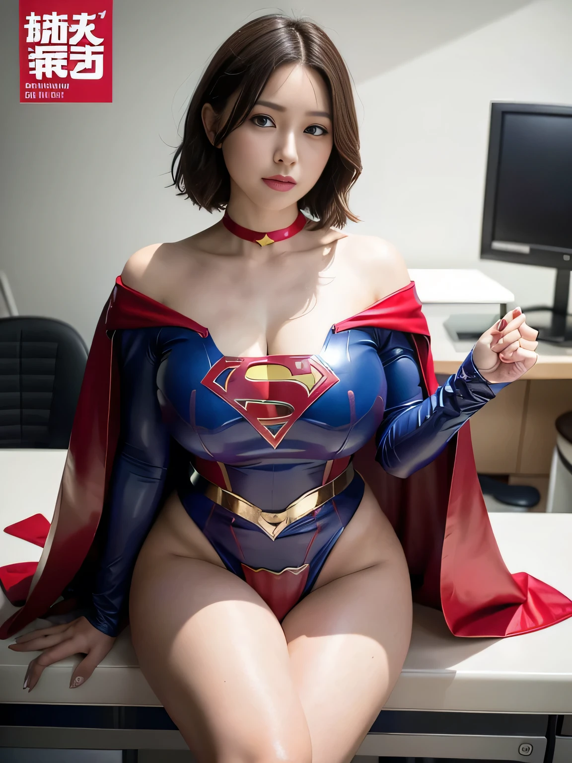 masterpiece、Rubber Supergirl Costume、short hair、barefoot、Big and ample breasts、looking at the camera、choker、Long sleeve、Cape、mini skirt、Off the shoulder、Sweaty skin、In front of the laboratory equipment in the hospital room、Photo magazine cover、Glamorous cleavage、Boasting beautiful legs、High leg leotard、Bare legs、Model body type、