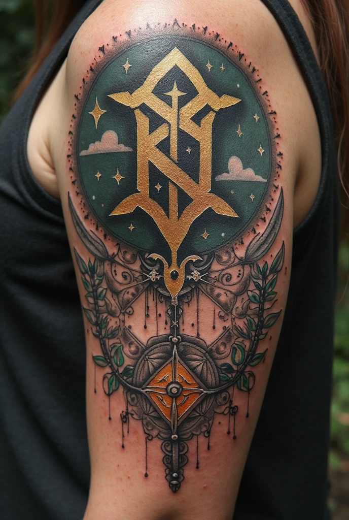 4-Wing tatoo with clock and rune words for man