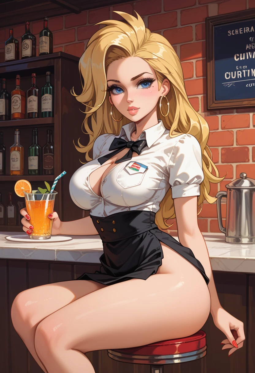 (masterpiece, best quality:1.4), anime girl, (((18 years old, neat girl))), perfect female form, perfect face, huge natural breasts, cleavage, ((long blonde hair, parted bangs)), ((detailed blue eyes, long eyelasheunny girl, high-cut leotard, bow tie, cuffs, fishnet stockings, black rabbit ears)), have a tray of liquor, kind smile, (cowboy shot), (bar, bar counter in the background)