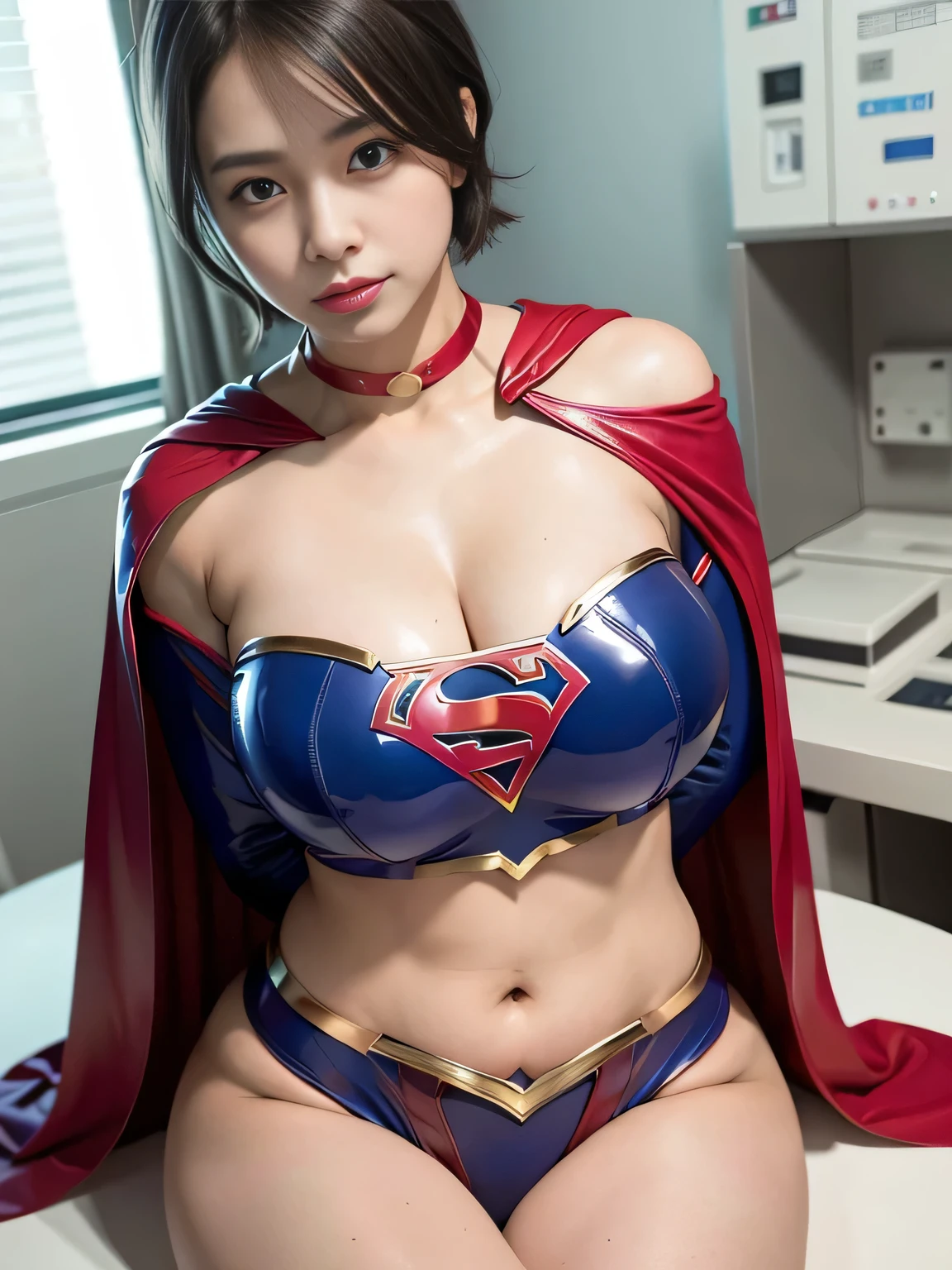 masterpiece、Enamel Supergirl Costume、short hair、Hospital operating table、Crisis situation、big and full breasts、looking at the camera、shiny、off shoulder、choker、long sleeve、red exy poses to seduce、sweaty、model body shape、Glamorous、charm、charming、abused、