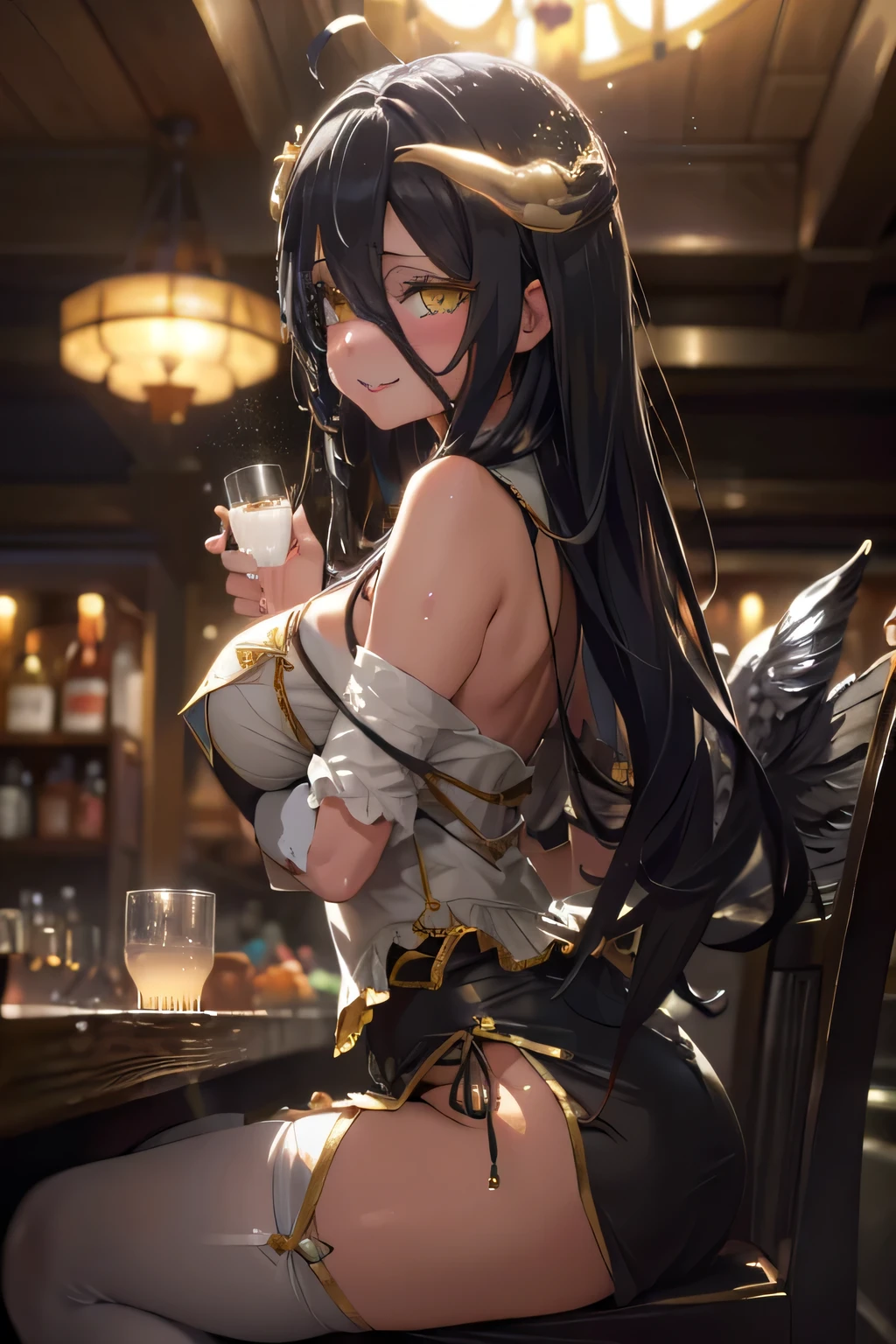  (cowboy shot), 　(from side:1.2), side boob,
(sitting in a chair),　seductive grin smug, drunken eyes, (blush),
1woman,(complete anatomy), albedo, ahoge, horns,  black wings, 輝く黄色い目, slit pupils, (低い翼:1.1), (超詳細,非常に詳細),
(非常に詳細 CG unity 8k wallpaper),(鮮やかな色彩),{best illustration}, (誘惑的な目,自然な肌の質感, リアルな顔のディテール),
(betterhand,５本の指), very shiny 肌,光沢のあるボディ,(plastic glitter 肌),exaggerated shiny 肌,illuminated 肌,
グラマラス_高い_引き締まったウエスト_長い脚,曲線的,胸の谷間, (巨大なヒップ),(巨大な胸), 金のアクセサリー,

albedodef, slit pupils, dress, hip vent, white gloves, bare shoulders,  white thighhighs,
(dark, rich background with subtle textures:1.2),(dramatic baroque lighting, chiaroscuro style:1.3), 
(strong contrast of light and shadow highlighting :1.3), (lens for soft bokeh:1.3), (shallow depth of field focused on the :1.3), 
(high resolution for fine detail:1.3),
Indirect lighting, bar counter,　(shot glass with milk:1.4),
Lots of liquor bottles, shot glasses, whiskey bottles, ice bucket, indoors, (standing on the counter), (scene set in a darkened bar counter:1.2), 