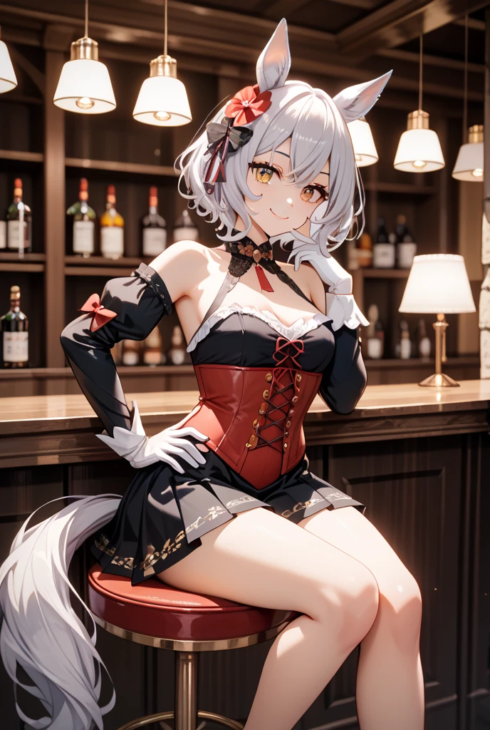 silver haired fox girl, with 2 tails, ninja, sexy, character art design sheet, short skirt halter top black, armor forearm guards, thigh straps, belts with pouches, ninjato attached to center back at hipline. sitting ontop of a shelf in a a bar
