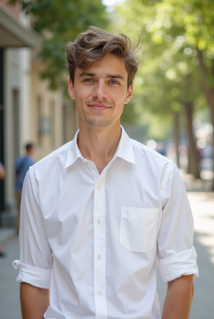 american man, 20 years old, white shirt, straight short dark brown hair