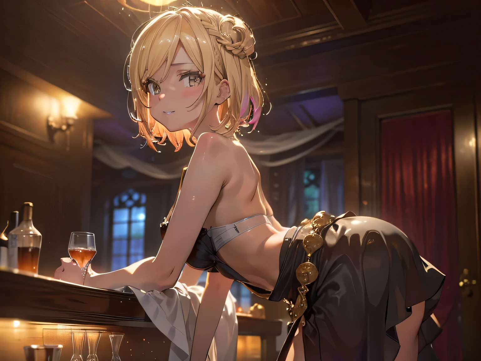 ((Hair on one eye)),Twin tails,Pink Hair, ((Embarrassing)),1woman, (((stripper_girl, squatting in front of stripper pole))), (White Wedding Dress, short, Open the stomach, Wedding Veil, wedding ball jointed doll,), Lace white lingerie, woman, sweating, Big Breasts, stand out , Beautiful Face, Beautiful Eyes, earring, Belly button piercing, Body Chain, ring, (masterpiece), (Highly detailed CG Unity 8k wallpaper), Highest quality, Detailed Background, (strip_club_venue:1.6, stripper pole in foreground, バックグラウンドでポールダンスをするwoman, Moody Background, Dark Background, アンダーグラウンドclub, Crowd watching)(((Transparency))), (((Her ass is visible under the translucent fabric.))), Small breasts, Nipples, Athletic build, Red lips, (((Transparency on the buttocks))),(NSFW:1.5)] 