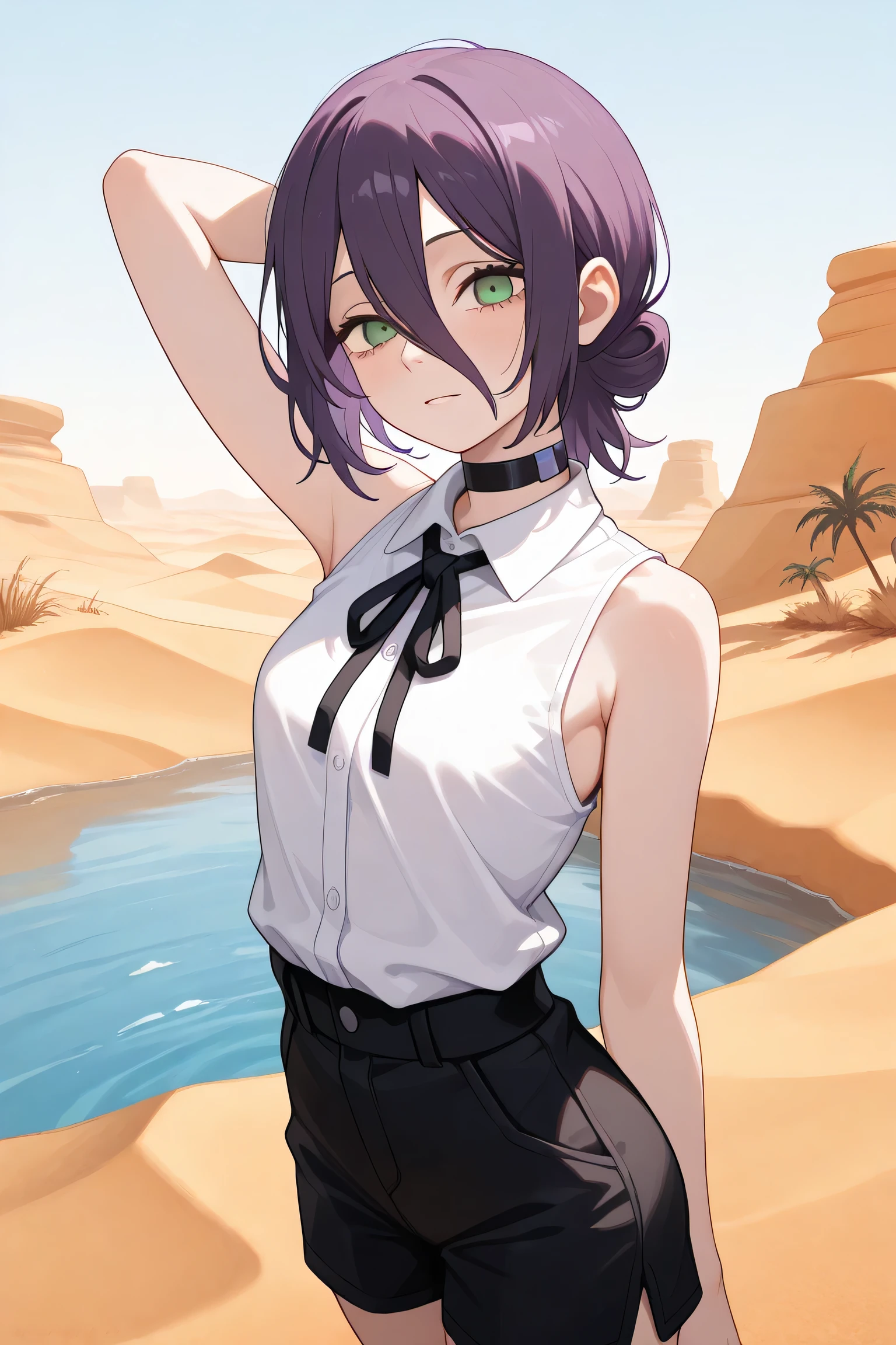 masterpiece, best quality, amazing quality,, reze, reze (chainsaw man), black choker, purple hair, choker, eyebrows hidden by hair, green eyes, hair between eyes, long bangs, medium hair, mature female, small breasts, bare shoulders, black ribbon, black shorts, collar, collared shirt, neck ribbon, ribbon, shirt, shorts, sleeveless, sleeveless shirt, white shirt,, hand behind head, , oasis, water, palm_trees, desert, life, cowboy shot, solo, looking at viewer