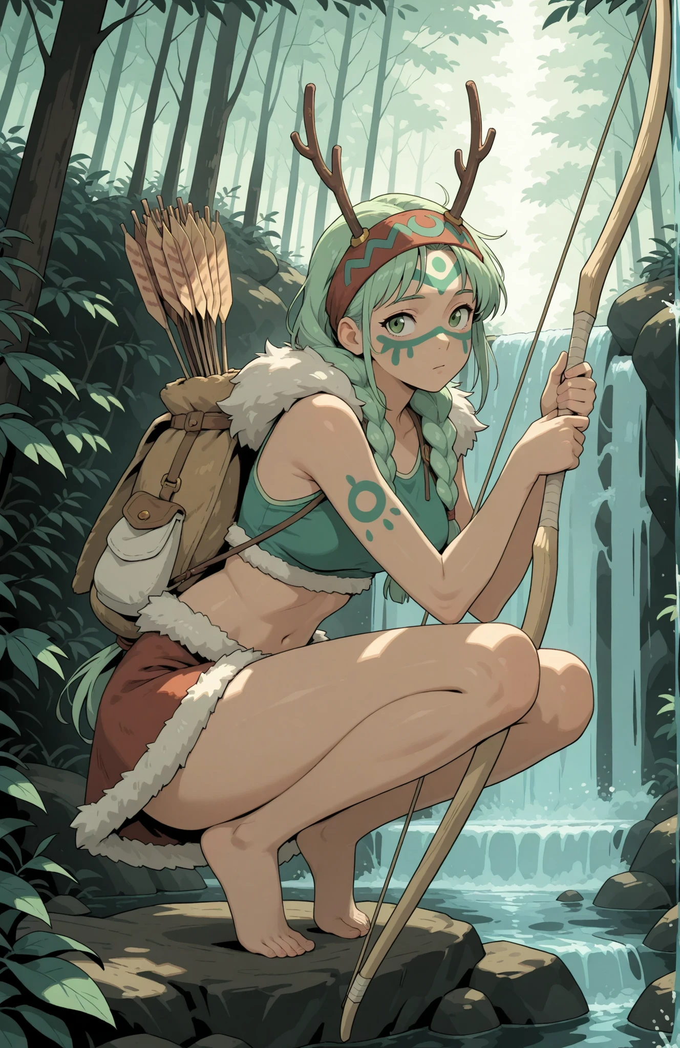 A woman with long green braided hair, fair skin, holding a large wooden hunting bow, wearing animal furs, fur trimmed skirt, a headband with antlers, green face paint, bare midriff, bare legs, focused, crouched, in a forest during the day next to a waterfall, natural lighting, alone, SFW, in full view in a highly detailed anime style