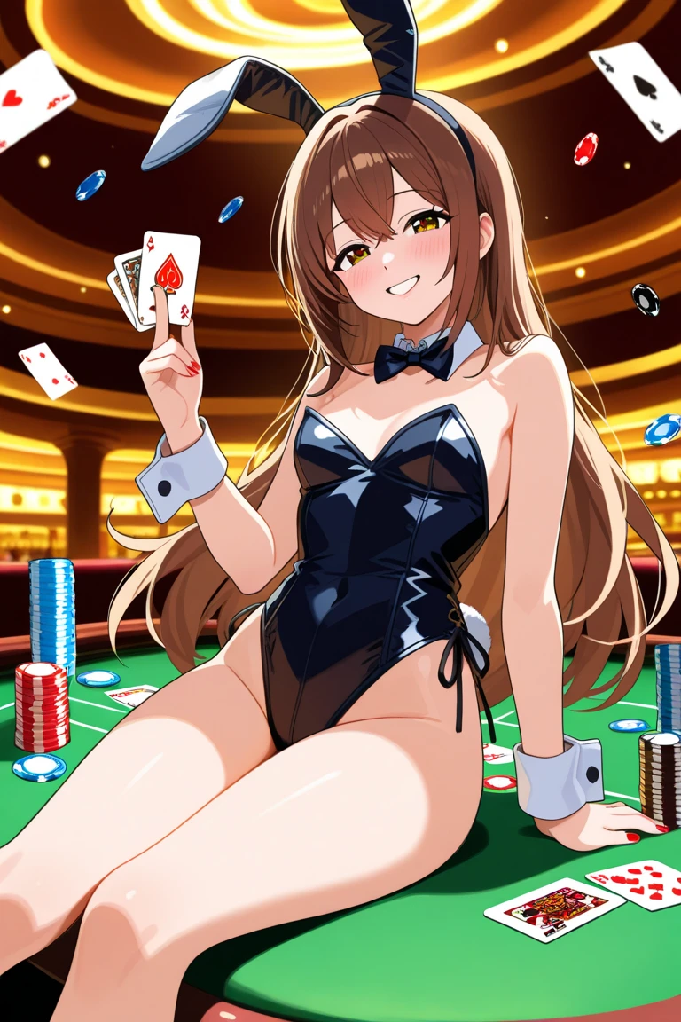 Card games_poker, Misaka Mikoto, Casino background, Bunny girl, highest quality, 1girl, uhd, retina, masterpiece, ccurate, anatomically correct, textured skin, super detail, high details, high quality, best quality, highres, 4K