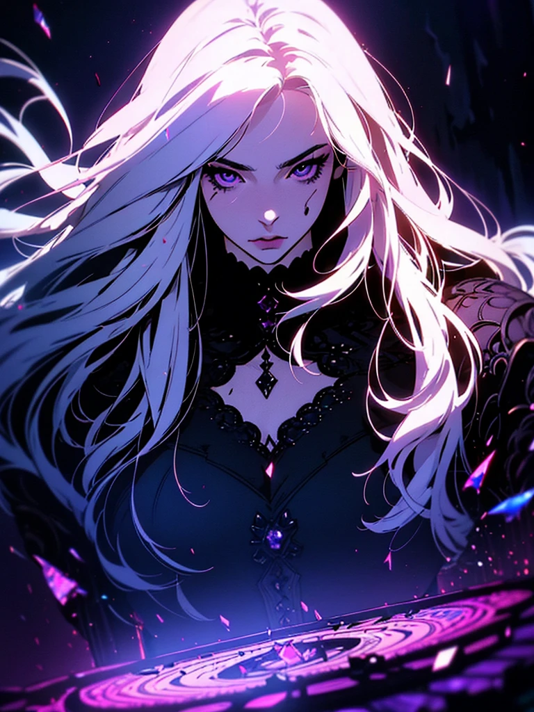 official arts, 8k unity wallpaper, ultra-detailed, beautiful and aesthetically pleasing, masterpiece, best quality, (fractal art: 1.3),female, 1 girl, magic woman, purple eyes, misterious smile, tall woman, very muscular, serious and and angry face, wavy messy white hair, black dress, shrouded in darkness, moving your hands creating a bluish aura that lights up your face