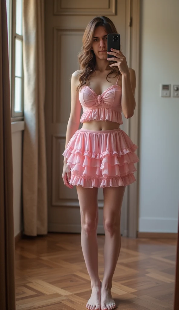 (8k、RAW Photos、highest quality、masterpiece:1.2)、(Realistic、Realistic)、1 girl、((Pink dresini skirt、Brown Hair、smile、Off the shoulder,ribbon、boots、See-through、Stand with hands on hips))、Lots of eyelashes、Glowing eyelids、skeletally correct