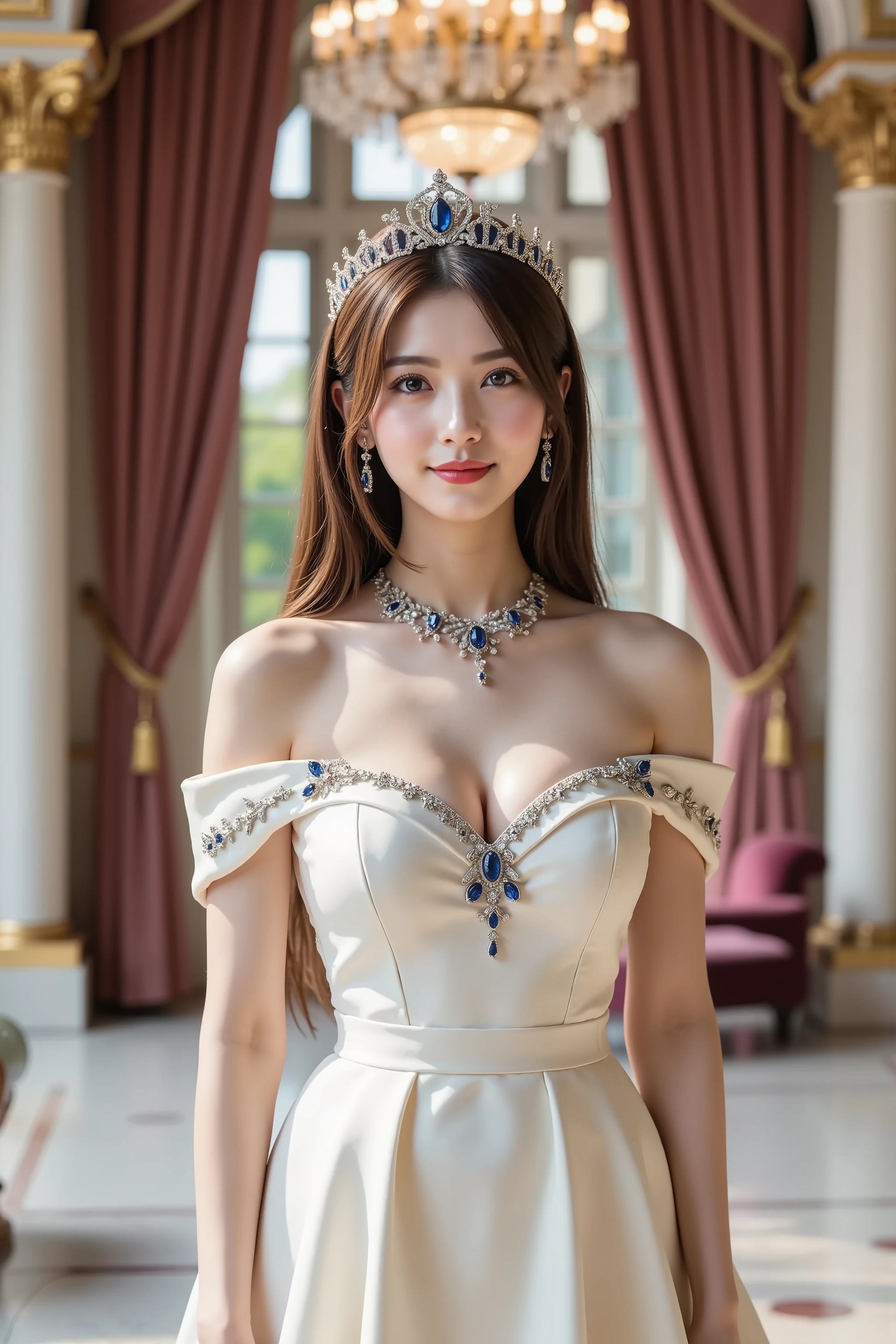 firm and big breasts, cleavage, A realistic photographic composition framed from just below the shoulders of a female subject standing in a grand royal reception hall, ensuring her entire head is fully visible within the frame without any cropping. She wears an opulent off-shoulder royal gown in ivory satin, the wide scalloped neckline resting just below the shoulders and encrusted with sapphire, ruby, and diamond cluster appliqués. The gown’s bodice is expertly tailored to lift and compress her firm, full breasts into a broad, dramatic cleavage line framed by precision seam shaping and subtle tension folds that catch prismatic highlights on the satin. Draped pleats and inset gemstone embroidery accentuate each rounded contour, while underbust seam lines act like a built-in corset to support and shape her bust. Around her neck is a platinum necklace set with graduated sapphires and diamonds that sit directly above the cleavage, and she wears matching teardrop sapphire and diamond earrings. Atop her head sits a delicate diamond-and-sapphire tiara with filigree motifs. Behind her, white marble columns with gilded capitals rise beside silk damask wall panels and burgundy velvet draperies framing a tall arched window. Beneath her feet, the polished marble mosaic floor with intricate gold inlay reflects warm chandler glints, and a silk velvet chaise lounge in dusty rose sits softly blurred in the midground. A grand crystal chandelier overhead casts kaleidoscopic light shards, and hidden uplighting along the cornices provides warm fill. The scene is captured at eye level with an 85 mm equivalent prime lens at f/2.2 on a full-frame sensor, creating a shallow depth of field that keeps the subject sharp while rendering the chandelier, columns, and drapery into smooth circular bokeh highlights. Natural daylight from the window blends with warm interior light to cast gentle highlights on gemstones and satin folds and preserve soft shadow gradations across skin and fabric textu