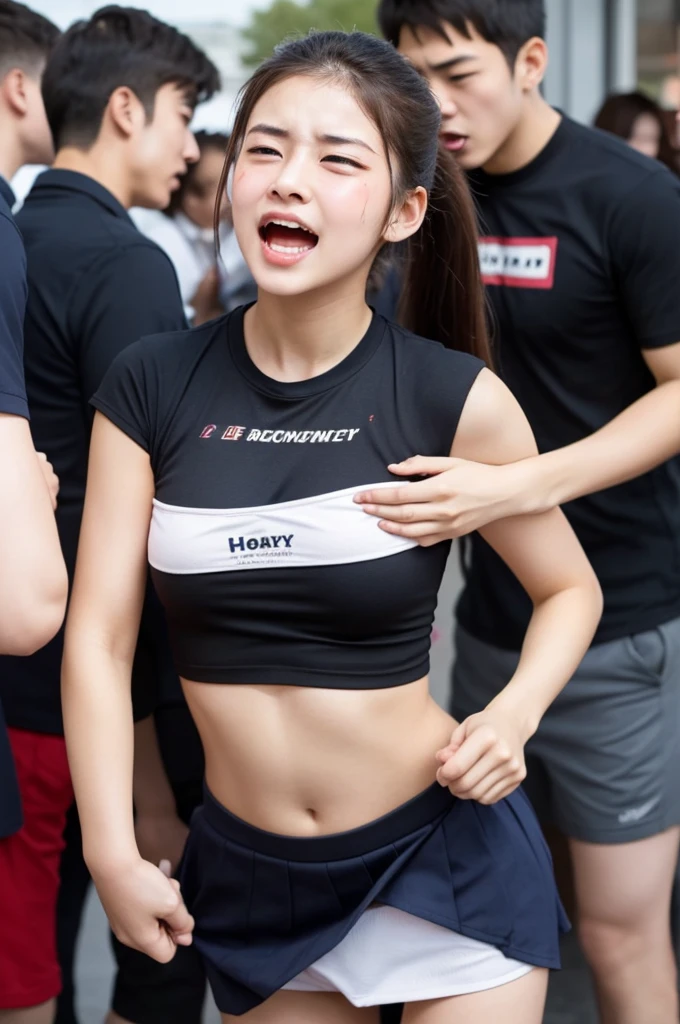 A beautiful Indonesian woman, wearing a cream coloured t-shirt with a strong vector design featuring a silhouetted image of a downward arrow symbol in an orange colour full of splash and blood. The phrase "WANI PIRO" is displayed in elegant and simple bold letters, distressed typography with pastel colours, while holding-up panties, miniskirt, short wavy hair, hold money one handed pose pointing cameramen, in a public place, surrounded by many naked men, seductive pose, jav idol, with front shooting angle, very realistic, (complex detail: 0.9), (hdr, hyperdetail: 1.2), RAW, Sony Alpha a9 II, 24-105mm f/4, HDR,