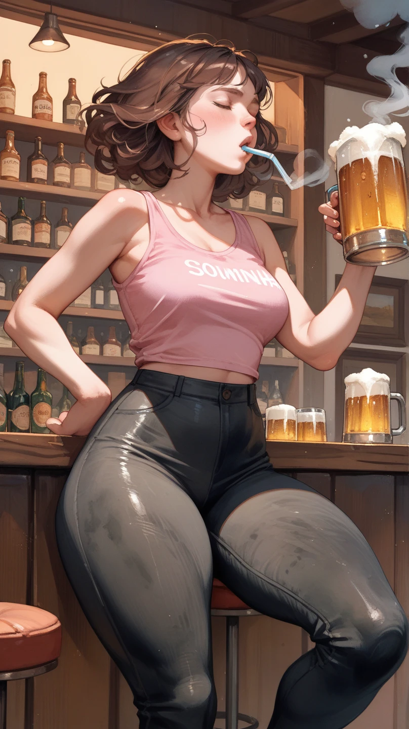 1girl, pretty face, cute eyes, fit body, brown curly hair, many tattoos, white crop top, grey leggings, black heels, seductive facial espressions, both hands on ass, in a bar, at night, dirty leggings, dirty floor, dirty clothes, leggings dropped to knees, (((make the whole image filthy and dirty))), (((liquid poop overflowing from leggings))), stinky atmosphere, filthy atmosphere, liquid poop on leggings, disgusting bar, too much liquid poop on leggings, (((extreme amount of liquid poop dripping from ass)), too much liquid poop on ass,
