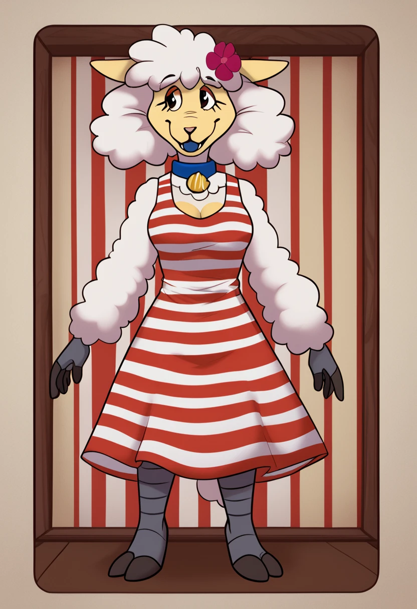 Sha_(TWF), furry, female, solo, colar, sheep, striped dress, hair flower, full body, (clothed), highly detailed, high resolution, detailed background, detailed clothing, masterpiece, good 
