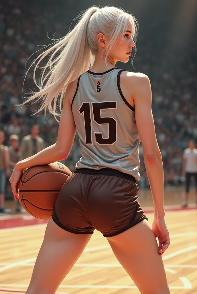 1girl, large, full breasts, small waist, big ass, ((full body)), athletic body, well distributed body, ((dark skin tone)), (white hair), short hair, muscles, light brown eyes, extremely detailed eyes, beautiful eyes, sweaty, tired, satisfied, ((side boobs basketball shirt)), ((clawed micro shorts)) , necklace, basketball court, (masterpiece, best quality, high resolution, ultra detailed), night, depth of field, low angle, bottom view, rear view, (incredibly detailed and expressive image)