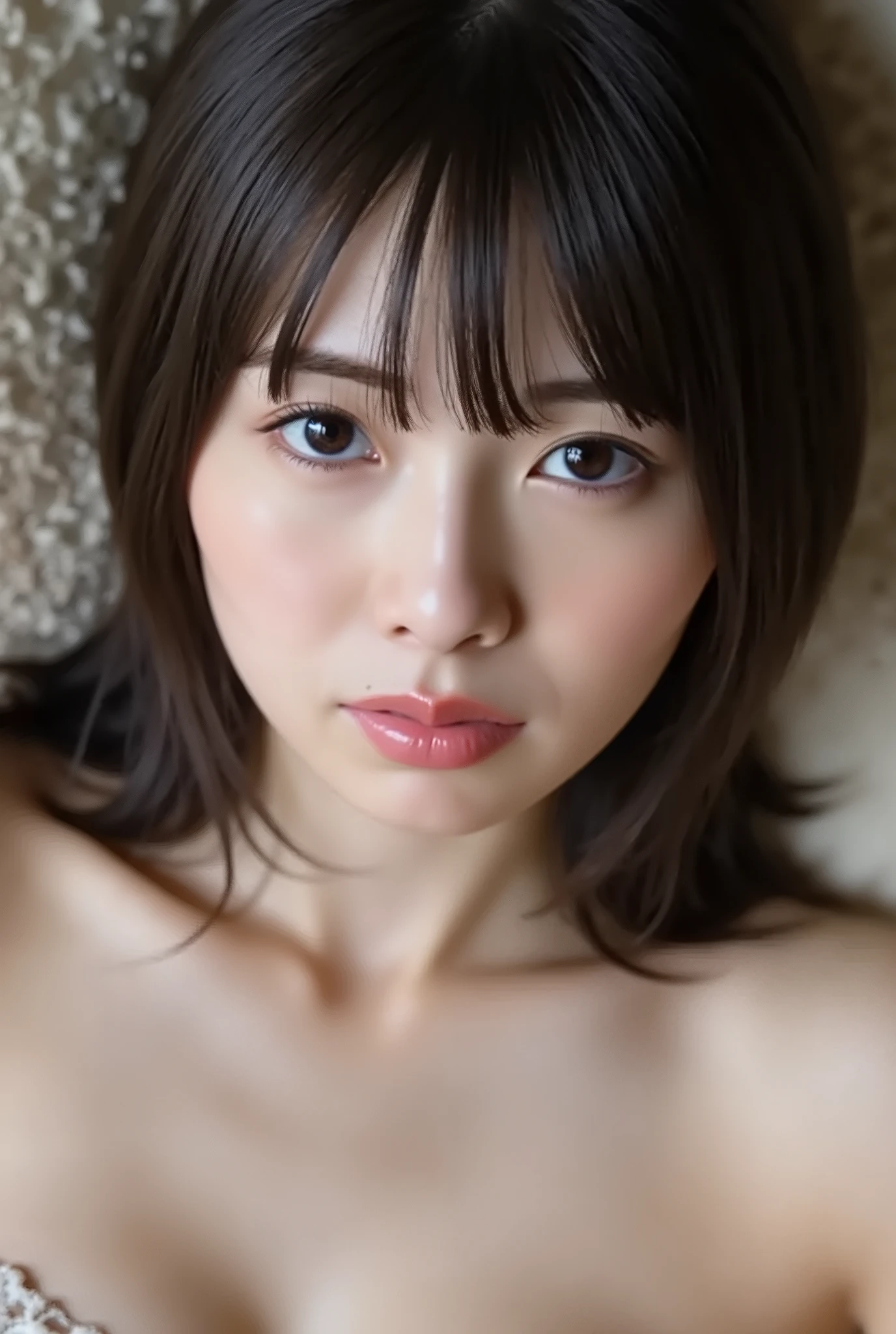 (( Highest Quality, 8K )), ((masterpiece)), ( details), Japanese, two-tone swimsuit ,1 girl on break day, Voluptuous women , sexy,( in the bedroom),((( abnormally large breasts , completely naked, beautiful breasts, short bob hair covering a waterfall))), black hair , (( without makeup, small eyes))