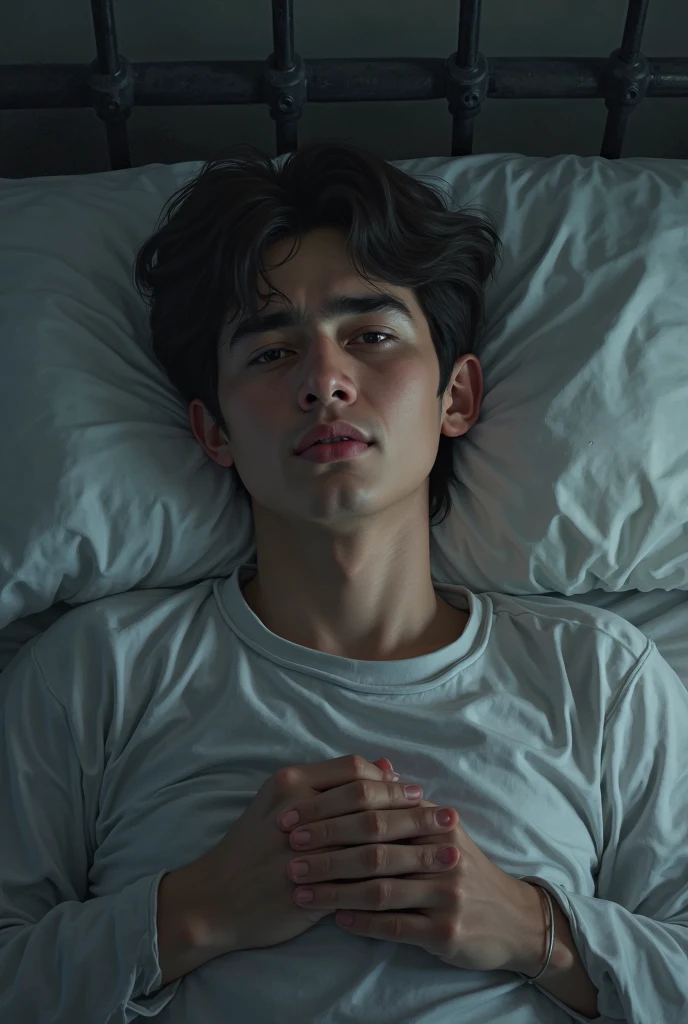 20 year old male with grey hair, Two-block haircut , Wearing a plain white tank top, Lying in bed, Pensive expression