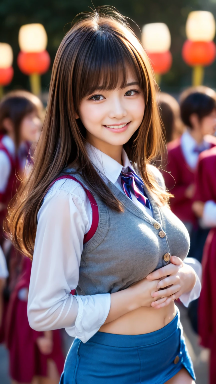 (8K、Raw photography、top-quality、masterpiece:1.2)、(realisitic、Photorealsitic:1.37)、ultra-detailliert、超A high resolution、女の子1人、see the beholder、beautifull detailed face、A smile、Constriction、(Slim waist) :1.3)、Beautiful detailed skin、Skin Texture、Floating hair、Professional Lighting、Whole human body、Longhaire、a blond、hi-school girl、School Grounds、School uniform、red bowtie、small tits、Bob Hair、Happy smile、The uniform is stuck to the body、perspiring、Nipples are floating