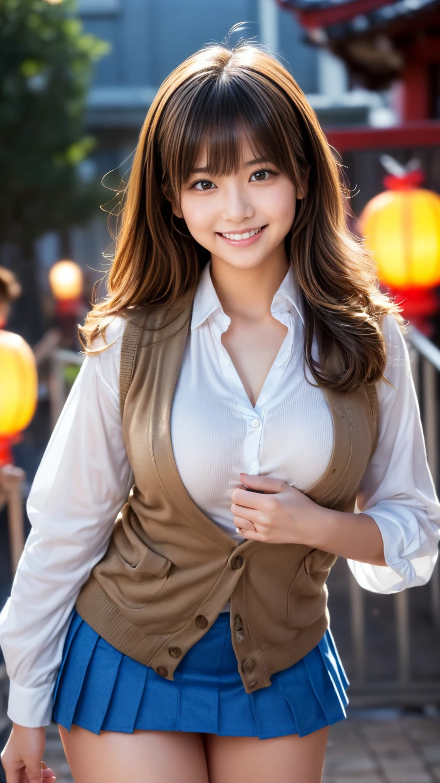 (masterpiece:1.2), (highest quality:1.3), 4k, 8k, 16k, 32K, (Hmm:1.5), (realistic:1.5), (photorealistic:1.5), (ultrarealistic:1.3), (Highly detailed CG Unity 8k wallpaper:1.2), (professional photography photos:1.5), super detailed, (High resolution: 1.5), (beautiful skin: 1.2), (white skin:1.3), (very sharp focus: 1.5), (super sharp focus:1.5), (beautiful and clean face:1.3), (ultra-detailed background, detailed background:1.3), Bokeh, Depth of the bounds written, break, Photo of extremely cute and beautiful Japanese woman, Portrait of a girl with a bright smile, upper body image, Viewed from the front, The composition is symmetrical, (magazine photo lighting:1.3), (cinematic light:1.3), (Backlight*1.3), the light covered her whole body, look straight at you with serious eyes, Are standing, sexy model posing, break, (Chestnut half up hair:1.2), dark brown eyes, beautiful eyes, princess eyes, mahogany hair, single hair, bangs, thin, abs, (huge breasts;1.35), (tight waist:1.15), adult, (detailed beautiful girl:1.4), highest quality, woman, adult, (detailed lace queen costume:1.3), (Orange rubber jacket with small black details:1.3), (black high waist shorts:1.3), (Beautiful sunset suzuka circuit view background:1.2), (laugh shyly:1), (light smile:1.1), ((完璧なwomanの体)), (upper body image:1.3), put the head in the frame, perfect anatomy, perfect proportions, 8.5 life size,