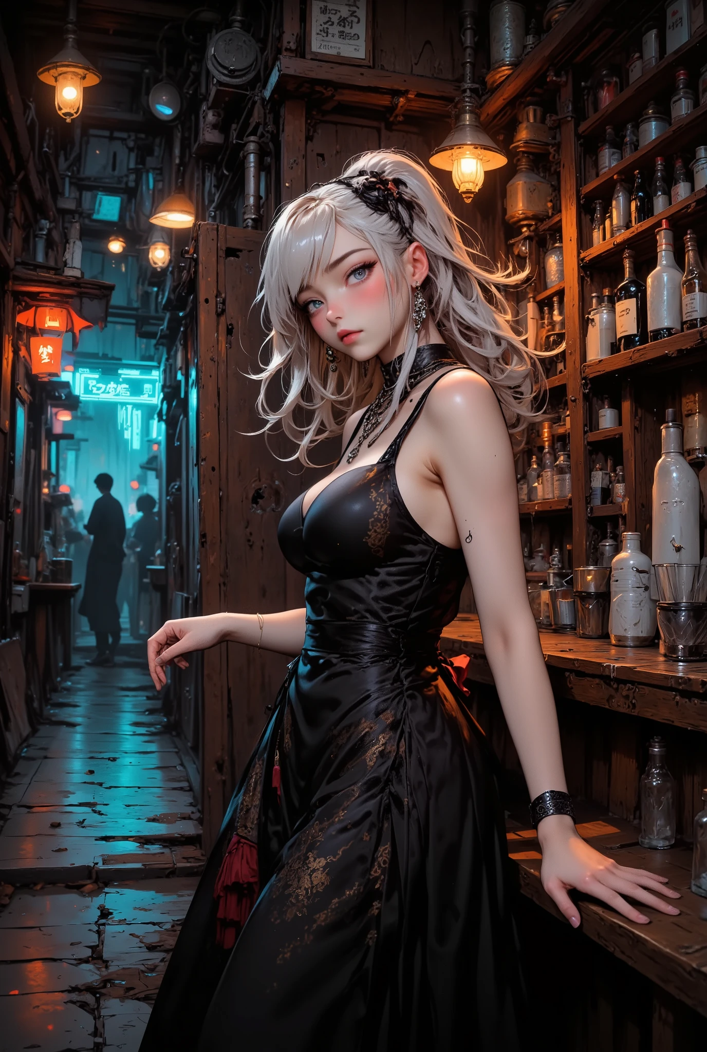 There is an old store door in the alley. A hideaway bar. I open the door to reveal a stylish bar (((in the dim light))). A waitress shows you around the bar, 1girl, big , big ass, aura aura, ARW, (cinematic experience, best picture :2.0, Super detailed.2 .0), cpstyle01, high quality, masterpiece, accurate, top quality, high quality model, high detail, add depth and openness to scene gives, depth of field, background blur, high detail, masterpiece, jima, energetic composition, cinematic light, hkstyle, hkstyle, digital, illustration3d, renderingniji_flux2, jima, japanese, ((soft silver low ponytail hair)), 8k, Masterpiece, Top Quality, detailed person, high resolution, 32K, realistic depiction, (masterpiece, highres, high resolution:1.2), choker, (earrings:0.1), necklace, japanese, ((blushing)), solo, smile, big lips, Please open your mouth a little, perfect body, ((five fingers)), (Anatomically correct), (big ), curve, Stylistically diverse, The background is a blurred, digital illustration,