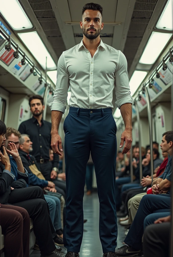 ((crowded train, A very sexy man wearing very tight pants.))((wearing a white silk plunging open shirt: 1.6.)). 40k, photography, masterpiece, best quality, dark grey background, ((1boy blue eyes and handsome light blonde hair, he wears glasses on his handsome face, )), big ass, pectorals, until waiting wearing, varied poses.((crotch bulge:1.4)), Ultra-detailed face, Detailed eyes.