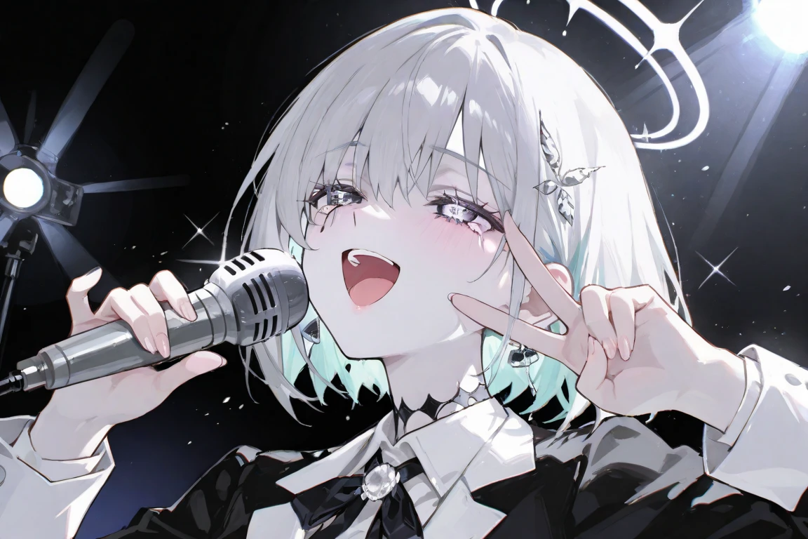 1 boy、blouse、((Silver Hair、Parted bangs,short hair)),((Dark brown eyes)),Black Shirt、White Blazer、Wear a blue ribbon on your chest、Smiling boy、17 years old、Hair that bounces outwards,  Best image quality、Simple clothes、White Background、Eye highlights、sing、Idol、microphone,Thin eyebrows, Sharp eyebrows