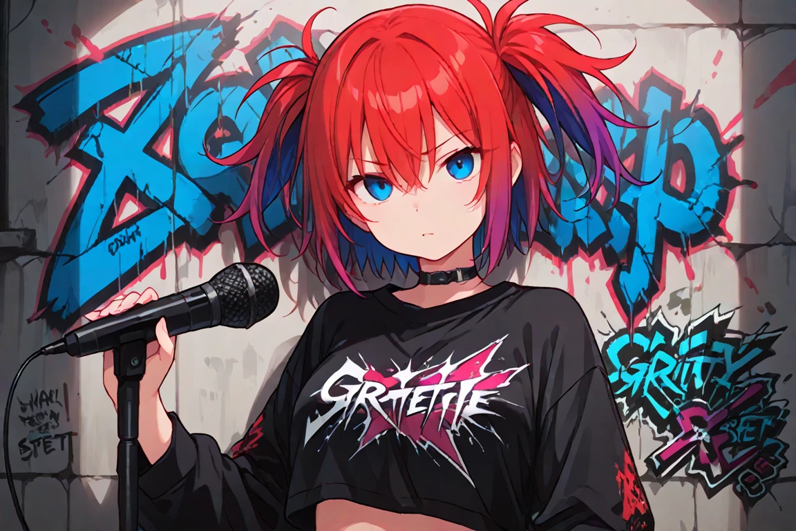 1girl, lammy, furry, red hair, short hair, horns, red shirt, dark purple eyes, tanned, blue jeans, midriff, holding guitar
