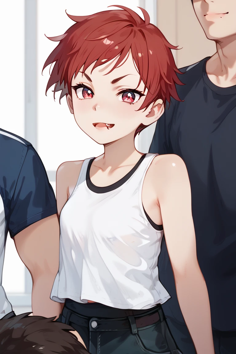 masterpiece, best quality,anime style, 1 girl,(((slender body))), (((small breast))),(((gym uniform))),(((3 monkey grabbing the gir))),((((cum)))), (beautiful face), (((short hair))), (((straight hair))), ((((red hair)))),detailed beautiful skin, (perfect hands, perfect anatomy)