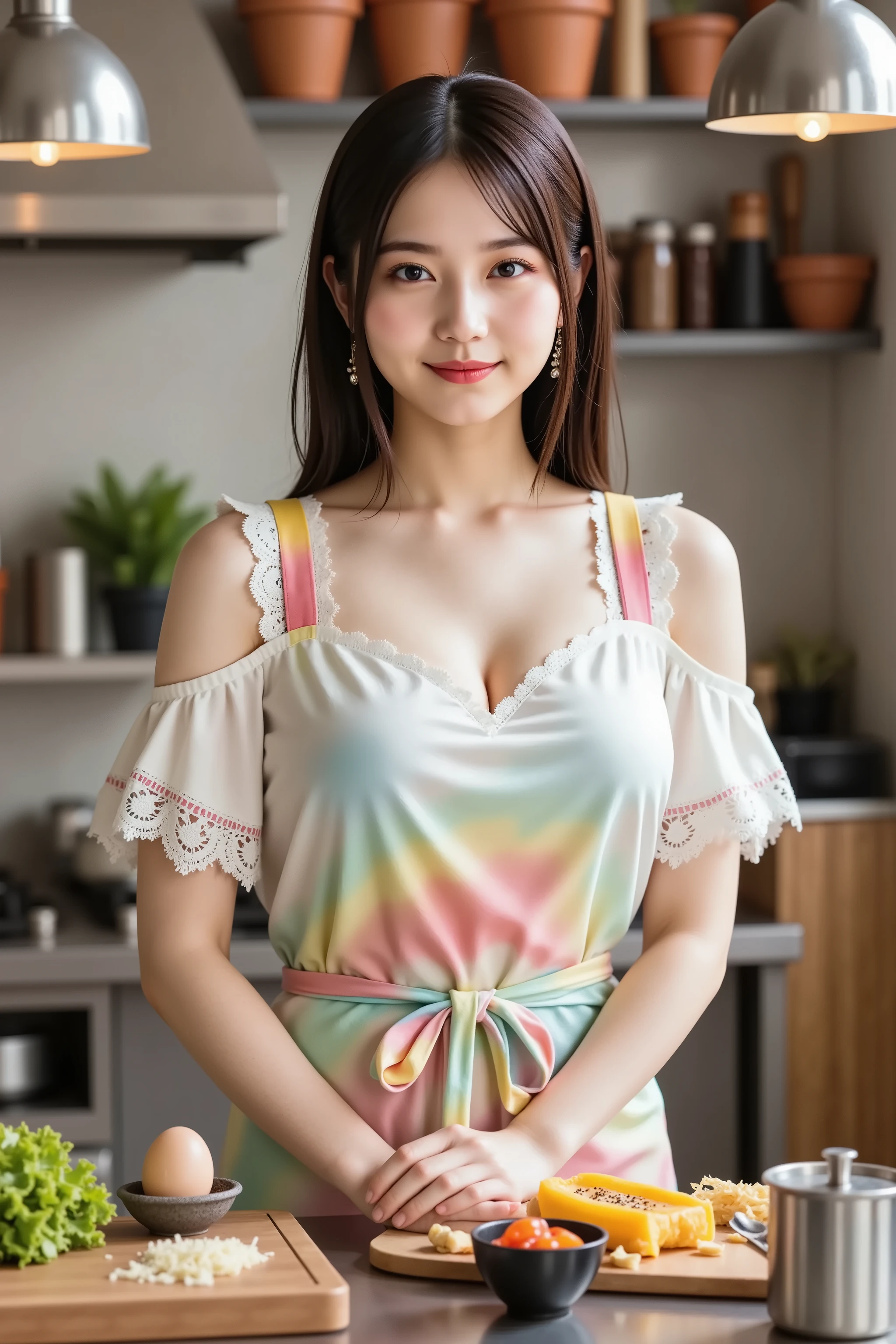 firm and big breasts, cleavage, medium close-up shot of a realistic young woman from waist up with head and shoulders fully visible, in a professional restaurant kitchen, wearing a pastel rainbow patterned apron over a white lace blouse with ruffled sleeves, apron tied at waist with vibrant straps, delicate lace details on blouse with scalloped edges and smooth underlayer, she stands before a wooden chopping board on a stainless steel counter, the board shows scattered grated cheese and vegetable scraps, nearby a small metal saucepot and a stainless steel spoon resting on the edge, polished silver pendant lights overhead and soft warm bulb glow reflected on metal surfaces, blurred background featuring potted herbs, industrial oven, metal shelves stocked with jars and utensils, warm diffused lighting casting gentle highlights and natural skin tones, camera at eye level with shallow depth of field and f/1.8 aperture creating smooth bokeh, realistic high resolution rendering of fabric textures, metal reflections, and organic food details including a black ceramic bowl with visible glaze texture holding a raw egg yolk, crisp green lettuce leaves, halved orange bell pepper with intact seeds and sesame seeds, subtle steam rising from cooked spaghetti squash, full bust visible through blouse with deep prominent cleavage emphasized by slight forward posture, natural robust chest shape and subtle collarbone highlight, silver hoop earrings catching light, hair styled in a tidy natural brown ponytail with stray wisps framing the face, no anime or cartoon elements, no unnatural hair colors or digital artifacts, composition centered with balanced negative space, cinematic color grading balancing warm orange and cool gray tones
