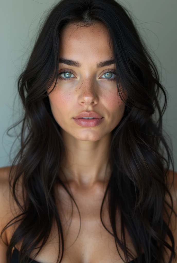 A woman with straight, slightly long black hair, blue eyes with double eyelids and a little bit of natural dark circles, straight and thick eyebrows , nose with a bone, Pink, medium-sized lips with a small scar on the upper lip on the left, marked jaw, with freckles ,Pale skin,She doesn't have a lot of hips or breasts and her collarbones and abdomen are defined.