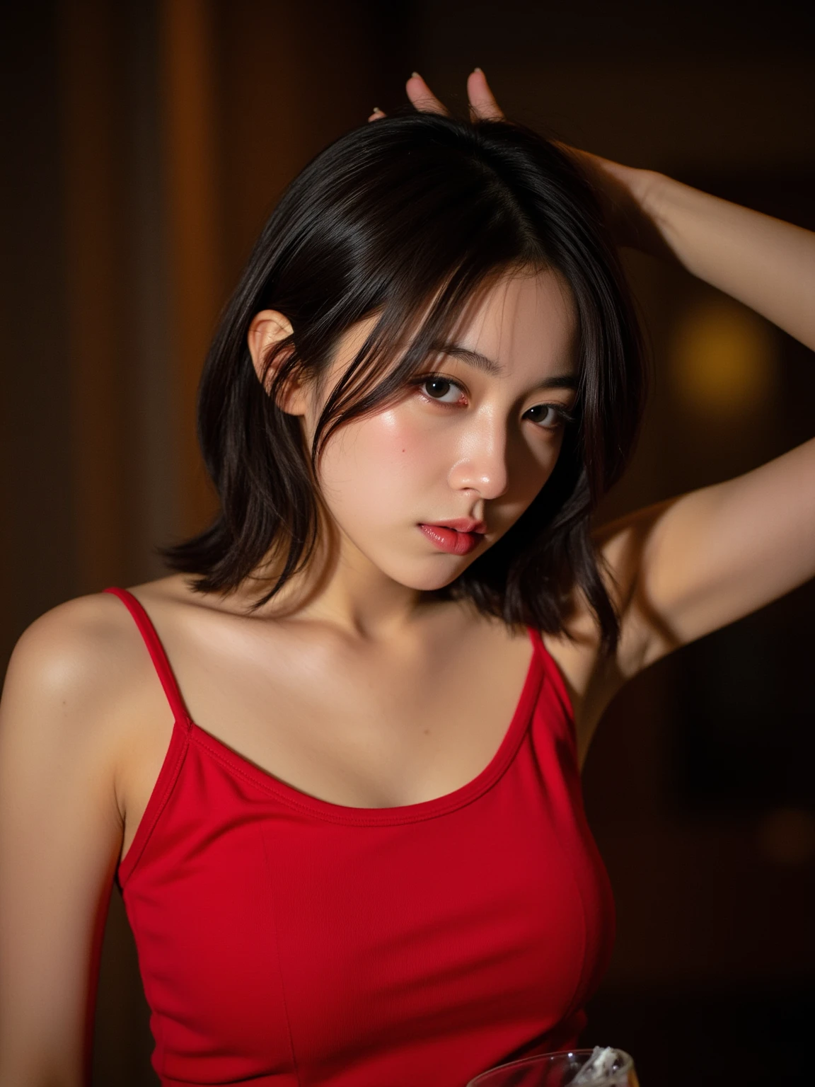 21yo girl, Black hair with bangs, beautiful dress, red background,
