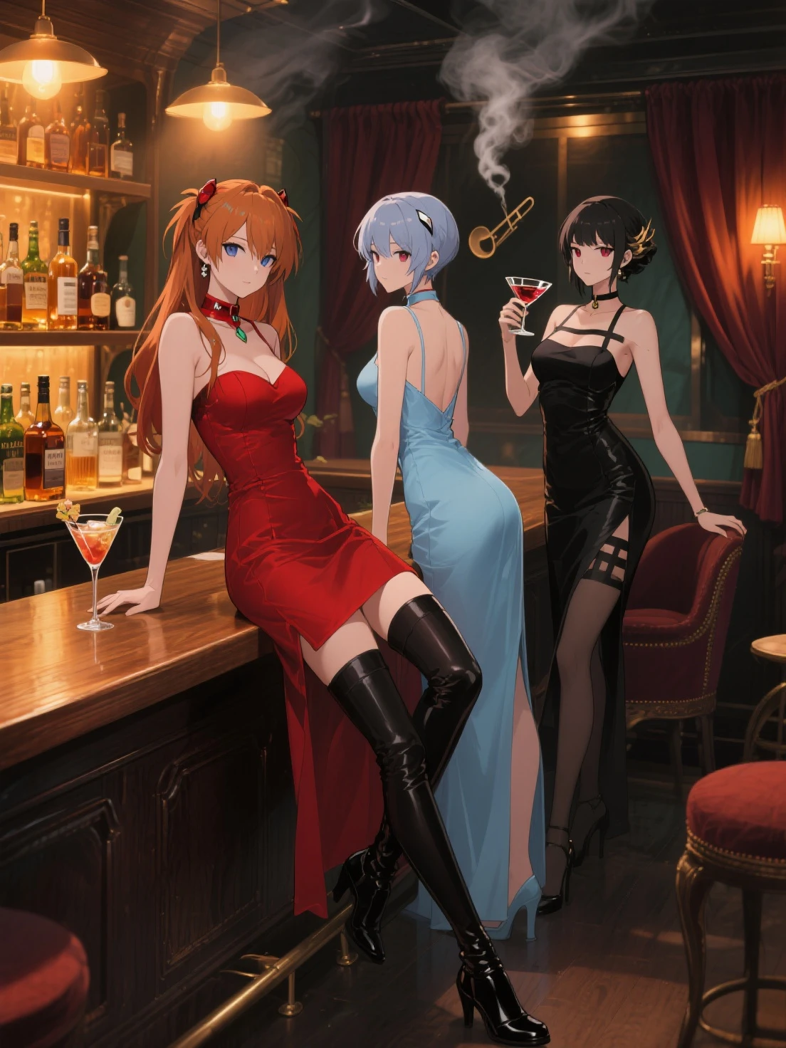 best qyality, perky tits, 8k, stocking suspenders, woman, medium breasts, jazz club, (red dress:1.2) (black dress:1.4), bob hairstyle, choker around the neck, starry eyes, noir style, professional, (ginger hair:1.3) (purple hair:1.1) full height, girl sitting at the club counter, dim light indoors, japan