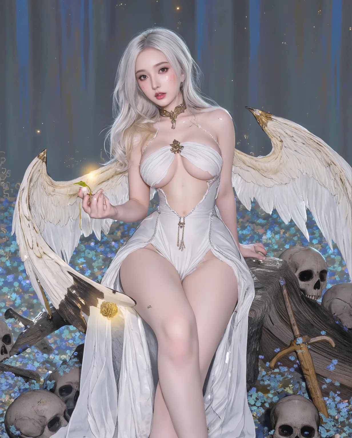 1girl , sit over a marble globe, silver hair, barelegs, barefeet, pussy, big breast, posing like baphomet, topless, nude, naked, lotus pose, long goat horns, black horns, black wings, half demon wing half angel wing, eliphas levi , inverted, background in dungeons with chains and pire, pentagram in chest, baphomet, left wing of demon, right wing of angel,Demonic,satanx,,celestial globe,Circle