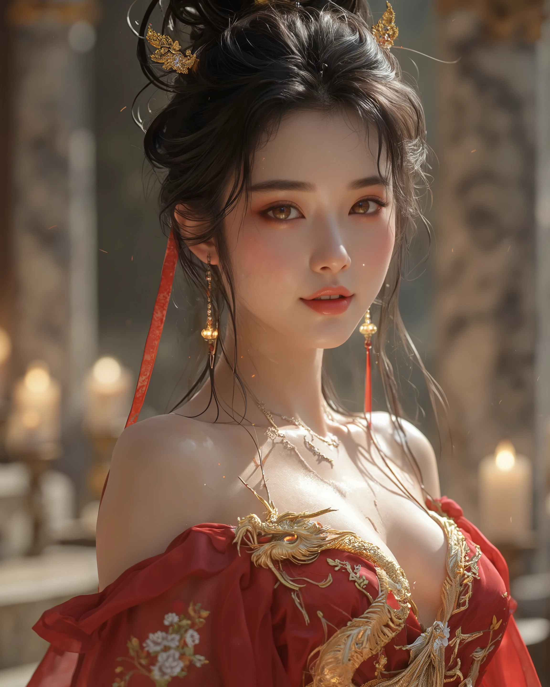 Photorealistic glamour headshot of a 25-year-old Chinese female, radiating natural beauty in a royal court setting. Her face, with pronounced Chinese features—high cheekbones, delicate nose, and natural chocolate-colored almond eyes—sparkles with playful warmth, eyes emphasized with striking depth. Royal makeup—crimson lips, subtle kohl-lined eyes—enhances her charm; glossy black hair in an updo with golden pins has loose strands framing her face. Her radiant skin glows under candlelight (~3000K). She wears a strapless, tight red gown, very low-cut to emphasize deep cleavage, with a golden dragon embroidered on the bodice, hyper-detailed with metallic scales. The court, softly lit, has marble pillars in the background. Her coy, shy smile lights up her face, exuding contentment. Cinematic, Asian Beauty Flux style, ultra-realistic 8K CG, SLR aesthetic, masterpiece.