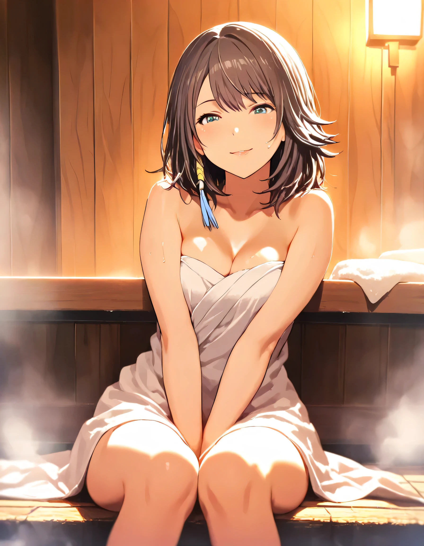 in 8K、top-quality、masterpiece、ultra-detailliert、Ultra-high resolution、((1 persons))、girl with、brown haired、a short bob、((((Sauna room))))、((perspiring))、Red face、Hide your breasts with a bath towel、((steams))、Hot