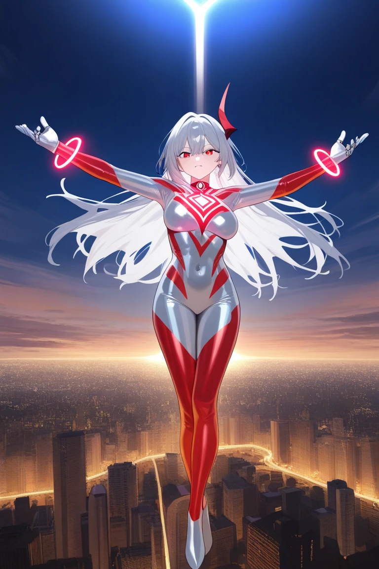 (masterpiece, 4K resolution, Surreal, Very detailed), (White Costume Superhero Theme, Attractive, Girl on top of the city, Wearing a white Spider-Man costume, Superwoman), [((23 years old), (Long white hair:1.2), whole body, (blue eyes:1.2), (Dynamic poses) ((Gritty urban environment):0.8)| (city View, at night, Dynamic lighting), (Full Moon))]