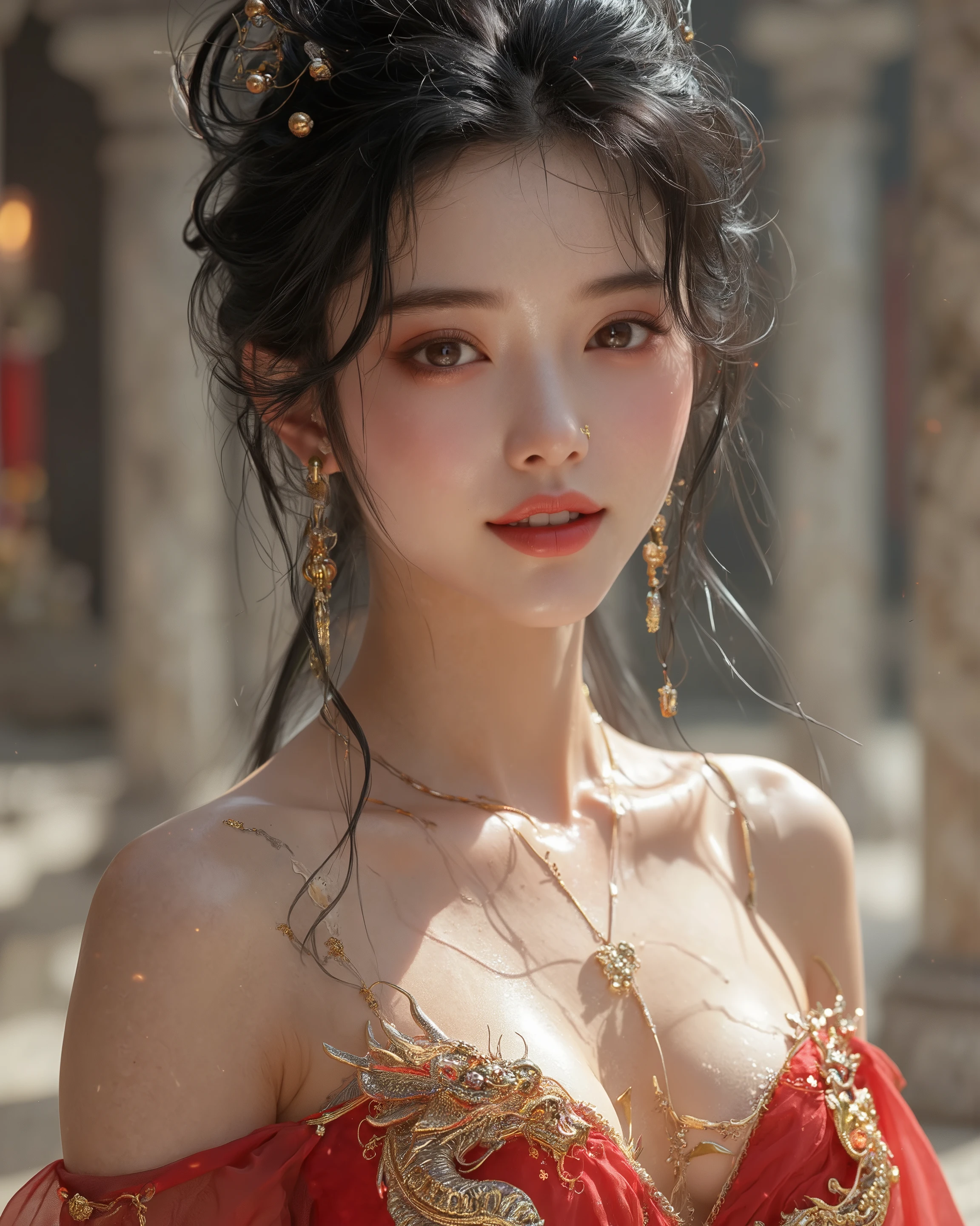 Photorealistic glamour headshot of a 25-year-old Chinese female, radiating natural beauty in a royal court setting. Her face, with pronounced Chinese features—high cheekbones, delicate nose, and natural chocolate-colored almond eyes—sparkles with playful warmth, eyes emphasized with striking depth. Royal makeup—crimson lips, subtle kohl-lined eyes—enhances her charm; glossy black hair in an updo with golden pins has loose strands framing her face. Her radiant skin glows under candlelight (~3000K). She wears a strapless, tight red gown, very low-cut to emphasize deep cleavage, with a golden dragon embroidered on the bodice, hyper-detailed with metallic scales. The court, softly lit, has marble pillars in the background. Her coy, shy smile lights up her face, exuding contentment. Cinematic, Asian Beauty Flux style, ultra-realistic 8K CG, SLR aesthetic, masterpiece.