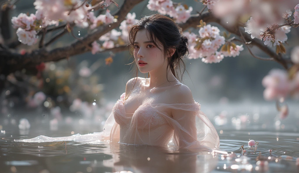 (Raw photo:1.2), (realistic), beautiful detailed girl, highly detailed eyes and face, thin and beautiful eyes, huge file size, High resolution, very detailed, highest quality, [table top:1.6], shape, very detailed, small details, highest quality, 8k wallpaper, movie lighting, 15 year old girl, Take a dip in the open-air bath during cherry blossom season, Take a bath in an open-air bath with cherry blossoms in full bloom., A large amount of cherry blossoms fluttering down, In underwear, bra is visible,  slender body, young face, small breasts, exposed underwear, Open-air bath with a view, A view filled with the scent of spring, Open-air bath with a view, Spring open-air bath, 