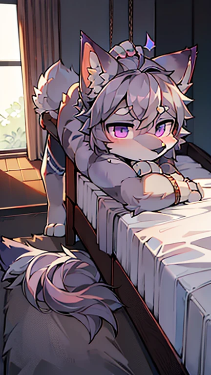 the only person，hairy男性，hairy，Wolf，canine，white fur，purple eyes，alone，stick out your tongue，Shy，There is a blush on the face，Purple head，Purple ears，Eyes full of desire，Slobber，purple body，dark purple tail，whole body，，floor，intoxicated，The body trembles，You can view，Lying enchantingly，glue beast，floor全是胶