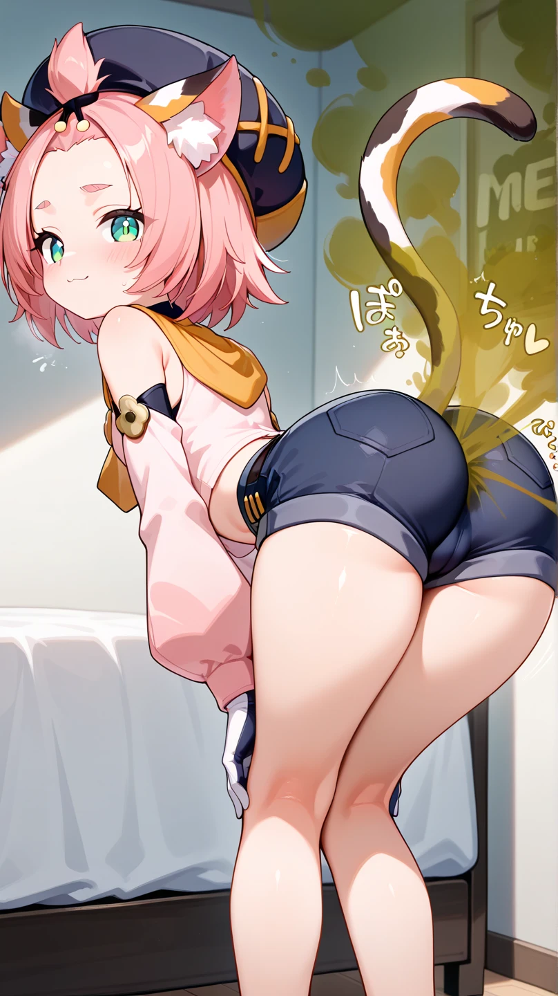 (masterpiece), best quality, highly detailed faces, (SHARP details), 4k, highly detailed, expressive eyes, SHARP detail expressive eyes, (SHARP detail perfect face), (bunny ears), (viera), ((pink hair)), blue eyes, wild tomboy hair, smiling, standing, ((12 years old)), ((solo)), short girl, petite-body, modern hotel bedroom interior, looking at viewer, ((cute bra)), dim light, red light, flat breasts, ((young girl)), (short girl), big expressive eyes, cute, slender, posing, presenting,bent over, ass, (pulling down panties slightly to reveal anus), detailed anus, 